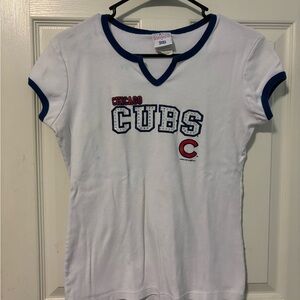 Women's White and Blue Chicago Cubs Short Sleeve Tee